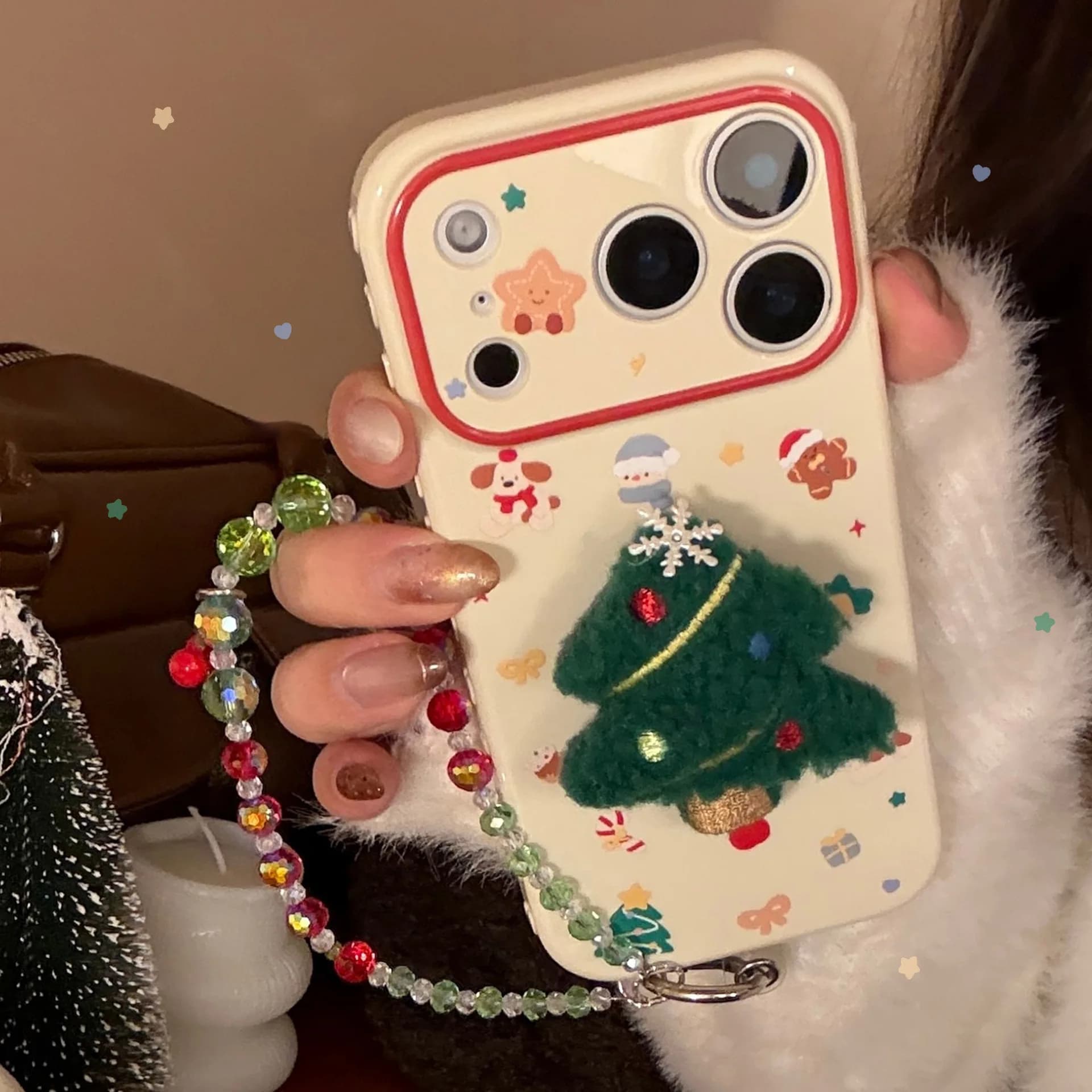 Custodia Protettiva Antiurto per iPhone 17 16 15 14 13 12 Pro Max con Albero di Natale 3D in Peluche Stile Coreano e Catena