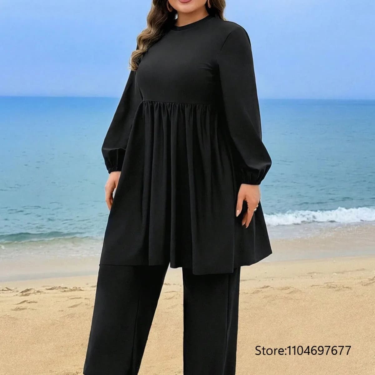 2pcs Plus Size Black Modest Burkini Swimsuit Long Sleeve Crew Neck Flowy Gathered Tunic and Full Length Straight Leg Pants