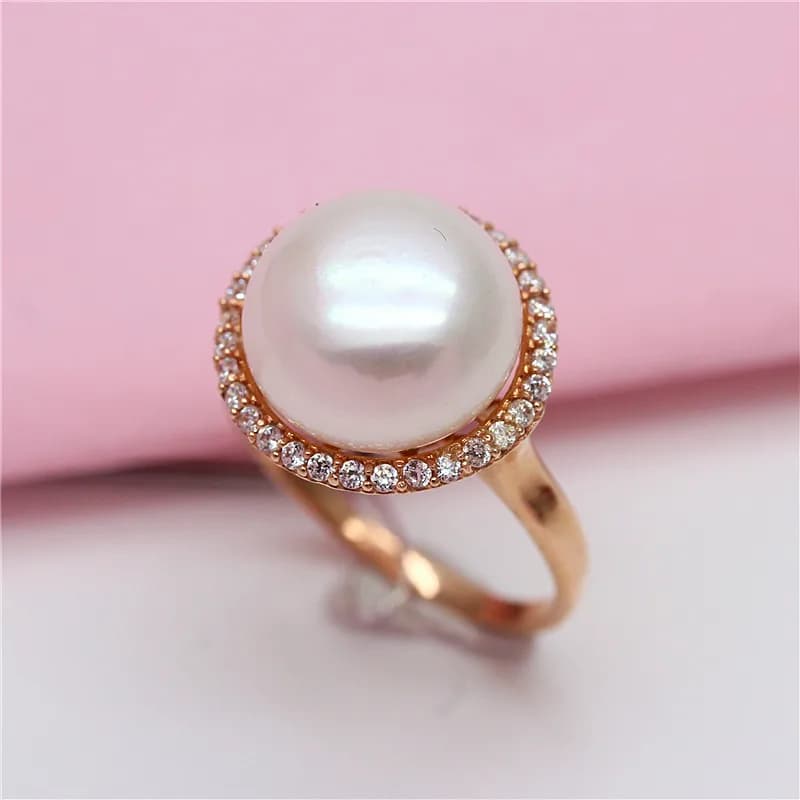 585 purple gold pearl jewelry14K rose gold inlaid crystal light luxury rings for women resizeable elegant wedding gift