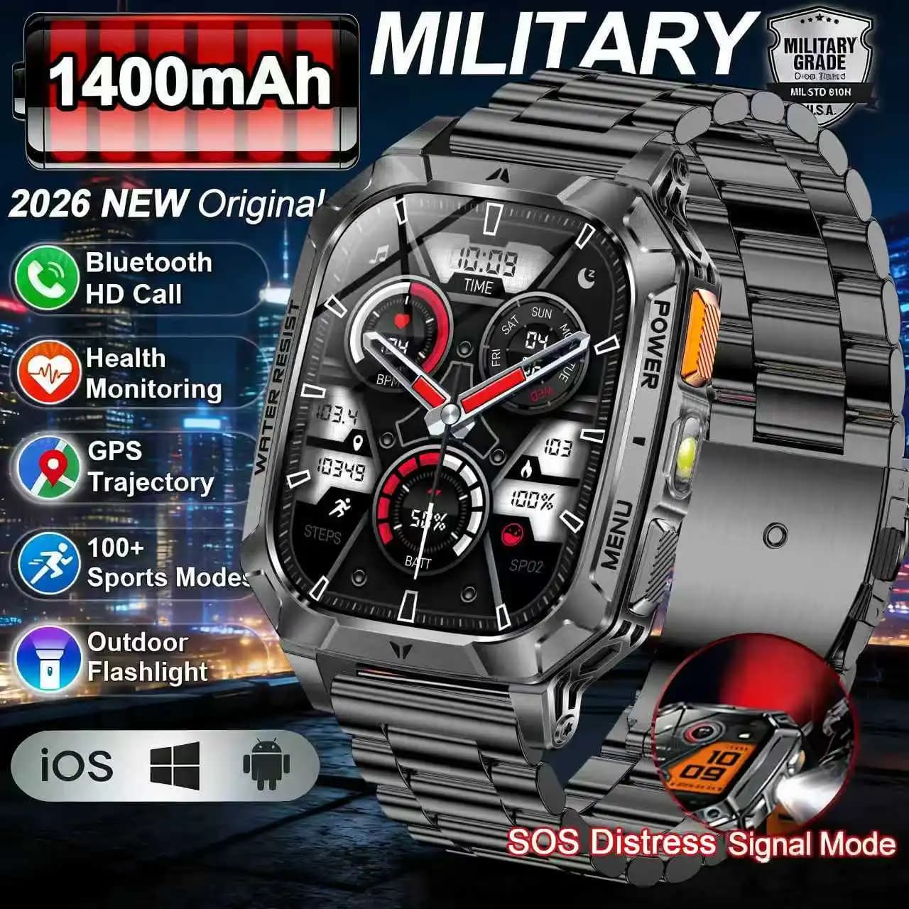 New Smartwatch 2026 with Large 1400mAh Battery, 2.01 AMOLED Screen, GPS, 10ATM Waterproof, SOS Call, Flashlight