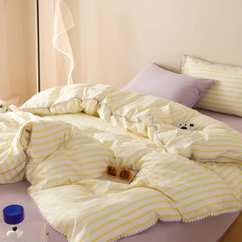 Set di biancheria da letto a righe gialle, copripiumino, lenzuolo piatto, federa, copripiumino per letto matrimoniale, copripiumino per adulti e bambini, senza imbottitura