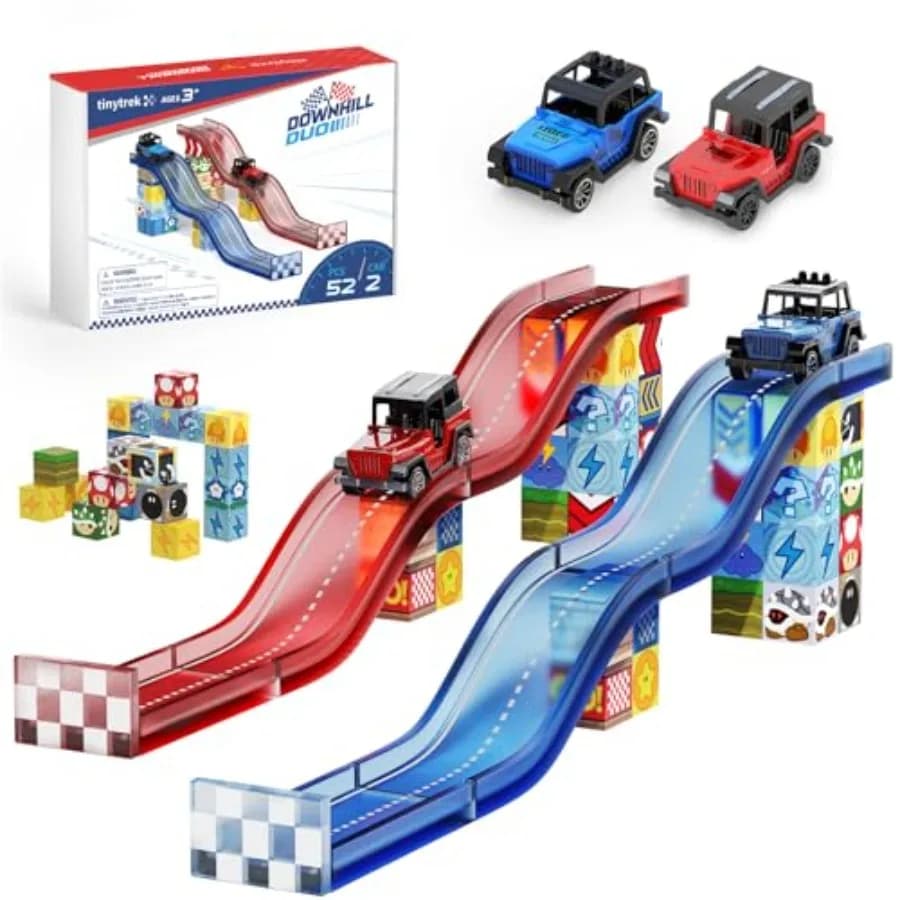 Set Pista da Corsa con Piastrelle Magnetiche 52 Pezzi, Blocchi Magnetici Educativi STEM con 2 Auto da Corsa, Giocattoli Sensoriali Montessori da Viaggio