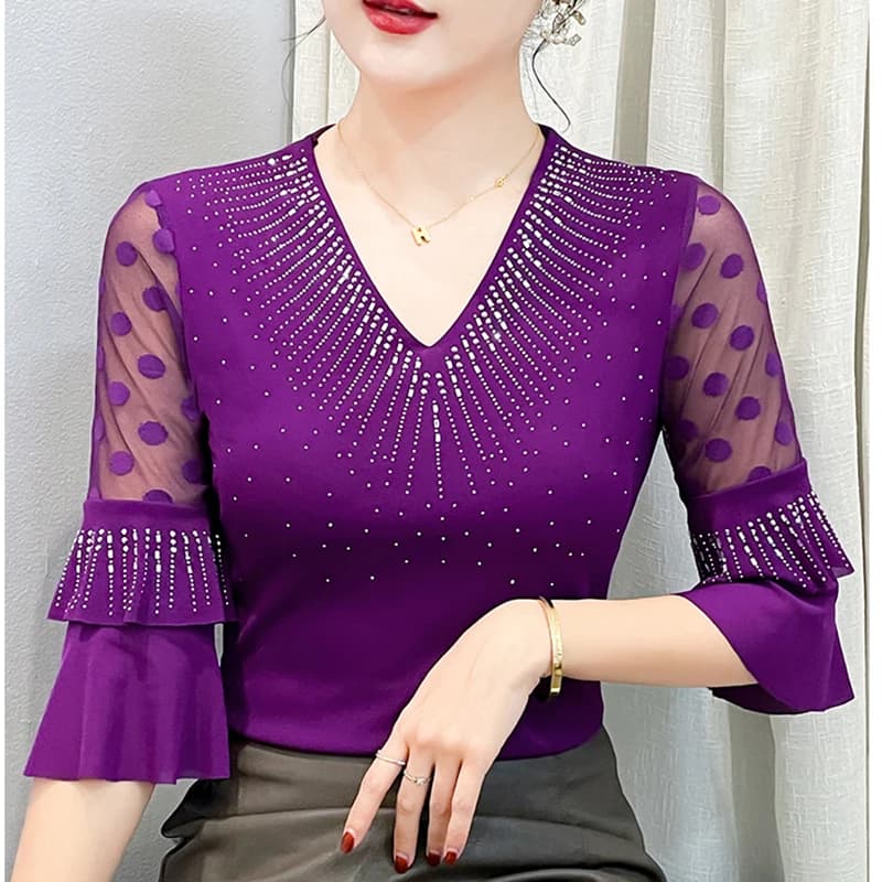 Spring Summer Women's T-Shirt Fashion Sexy V-Neck Three-Quarter Sleeve Hot Diamond Mesh Tops Solid Color Hollow Out Blusas