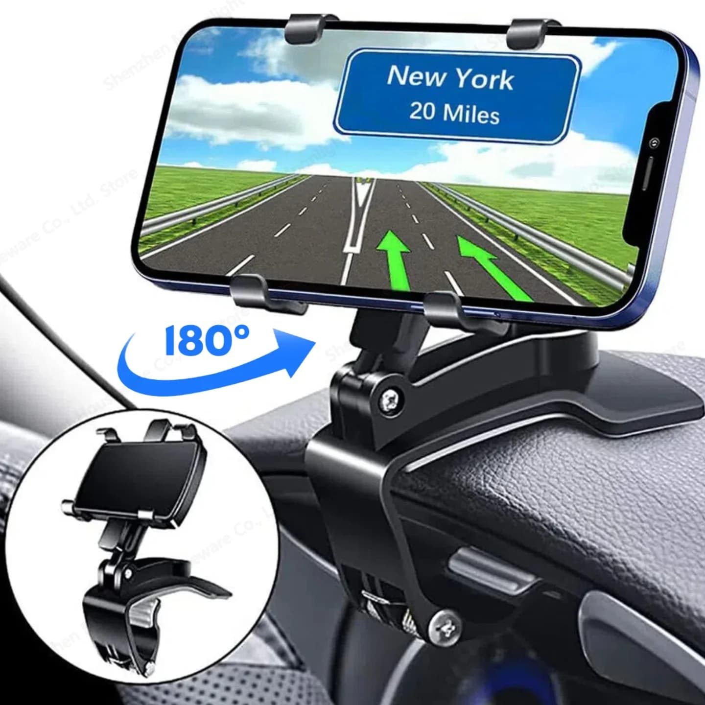 360 ° Swivel holder for car phone: multifunction support for dashboard and rearview mirror with clip for universal navigation devices