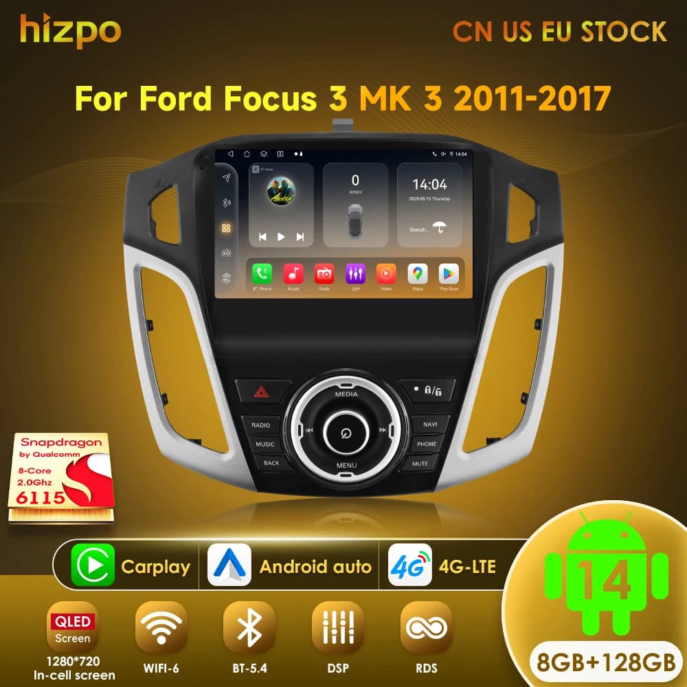 Hizpo Carplay Android 14 Auto Car Radio Multimedia video player for Ford Focus 3 Mk3 2012-2017 Stereo GPS navigation 2din No DVD