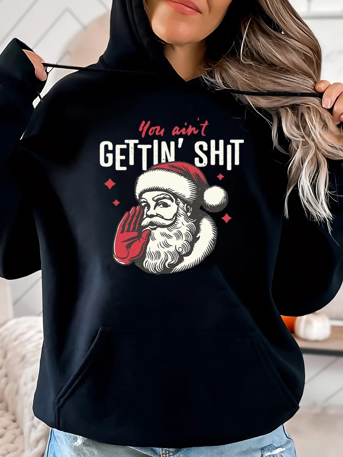 Santa Claus Hand Sign No Christmas Hoodies Women's Casual Clothing Black Plus Sizes