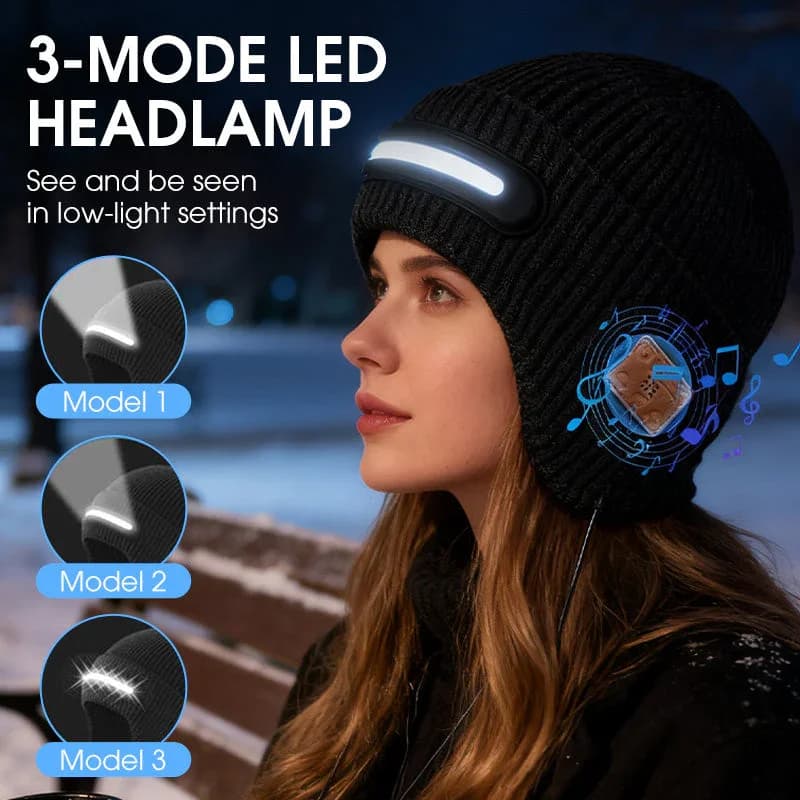 Cappello a cuffia per musica wireless con auricolari Bluetooth Cappello per lampada frontale a LED Cappello lavorato a maglia illuminato notturno Cappelli caldi invernali unisex Berretto a cuffia