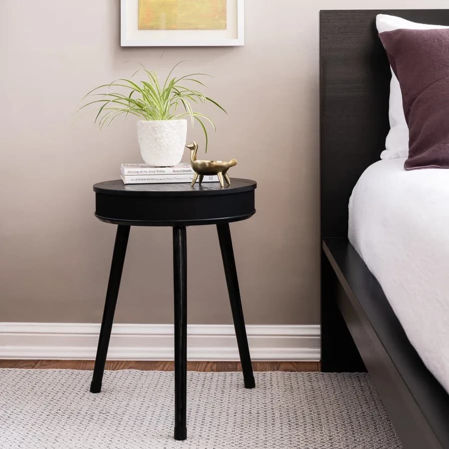 DecorTech Round End Table with Bluetooth Speaker and USB Charging Port Black