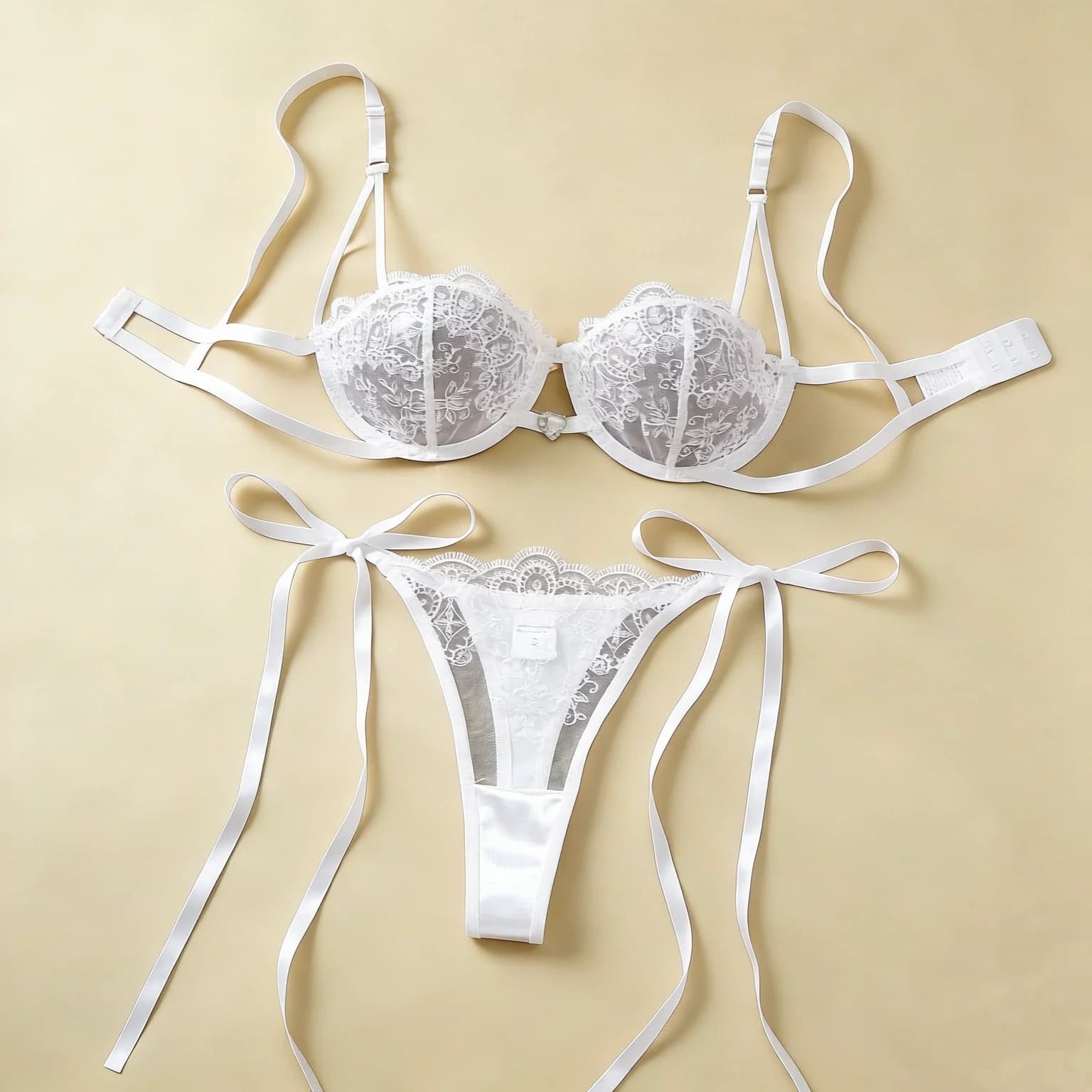 Elegant White Bridal Mesh Lingerie Set Floral Embroidery Rhinestone Bra Long Ribbon Side Tie Thong For Honeymoon ZA825201