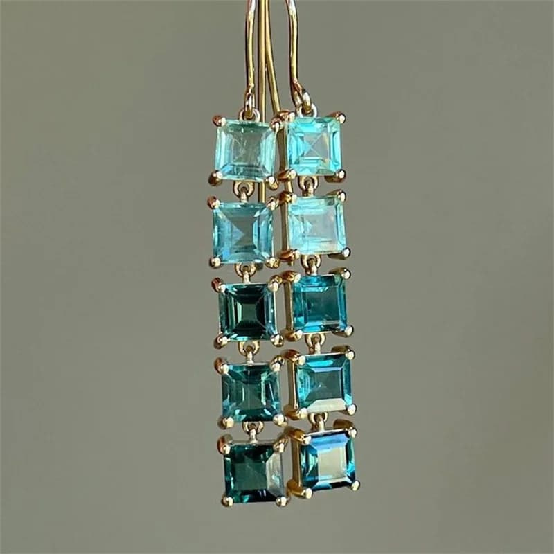Orecchini Pendenti Squisiti Color Oro con Zirconi Blu Mare da Donna, Quadrati, per Feste e Uso Quotidiano