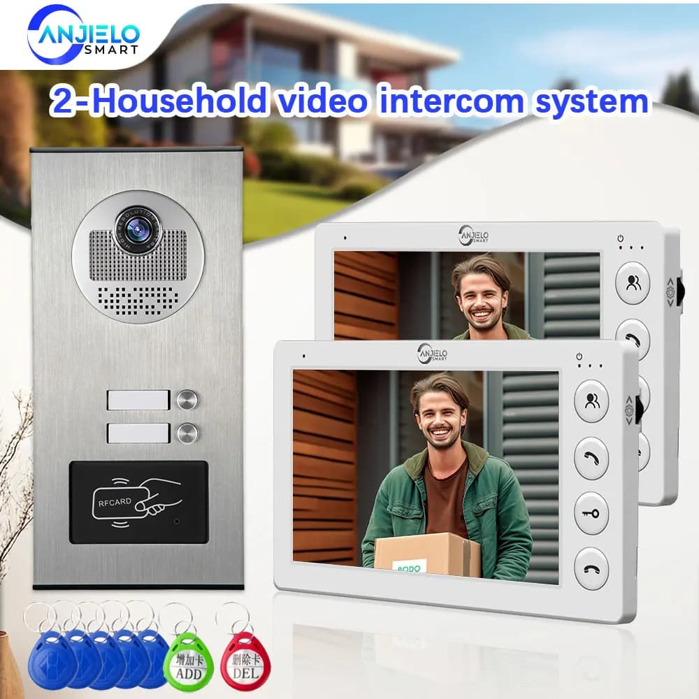 ANJIELO Videocitofono citofono multi appartamento da 2 unità con scheda RFID Sblocco Videocitofono da 7 pollici a 4 fili