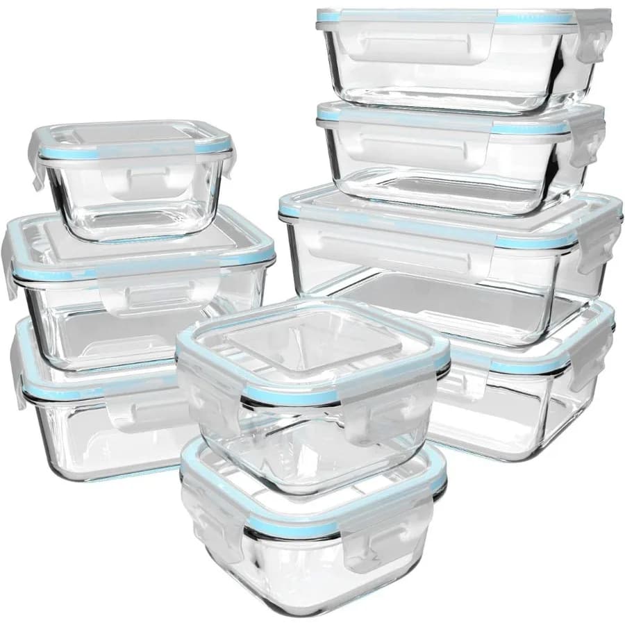 Contenitori per alimenti in vetro da 18 pezzi con coperchi per la preparazione dei pasti e l'organizzazione della cucina Contenitore in vetro durevole a prova di perdite senza BPA