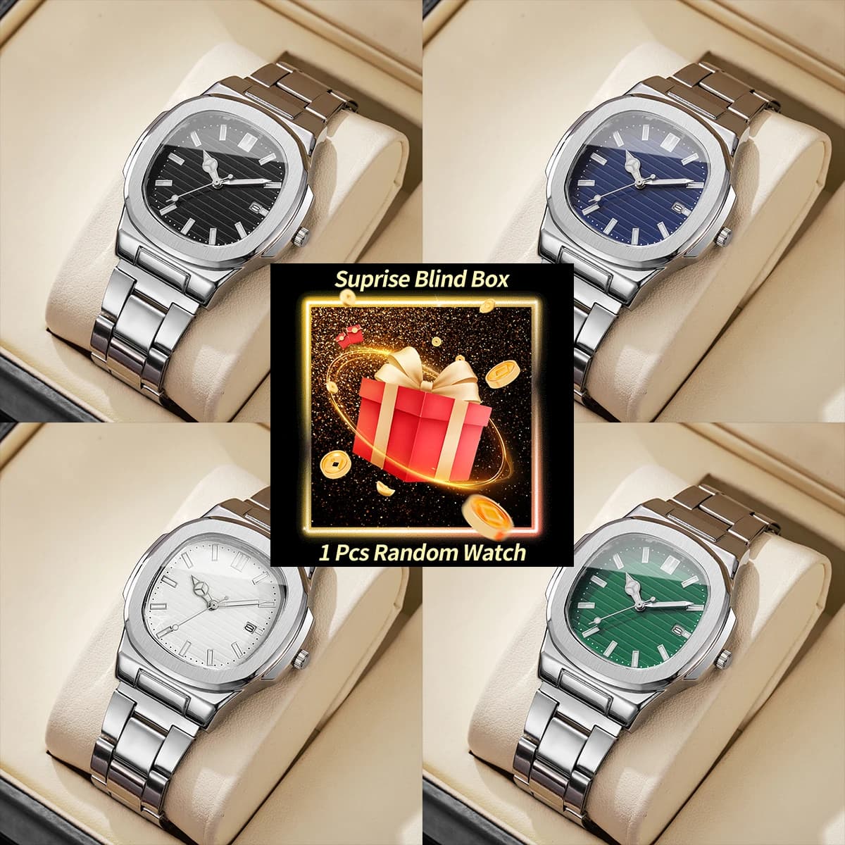 1 Piece Surprise Mystery Box-Manual Fashionable Square Business Clock Quartz watch with stainless steel calendar (without box)