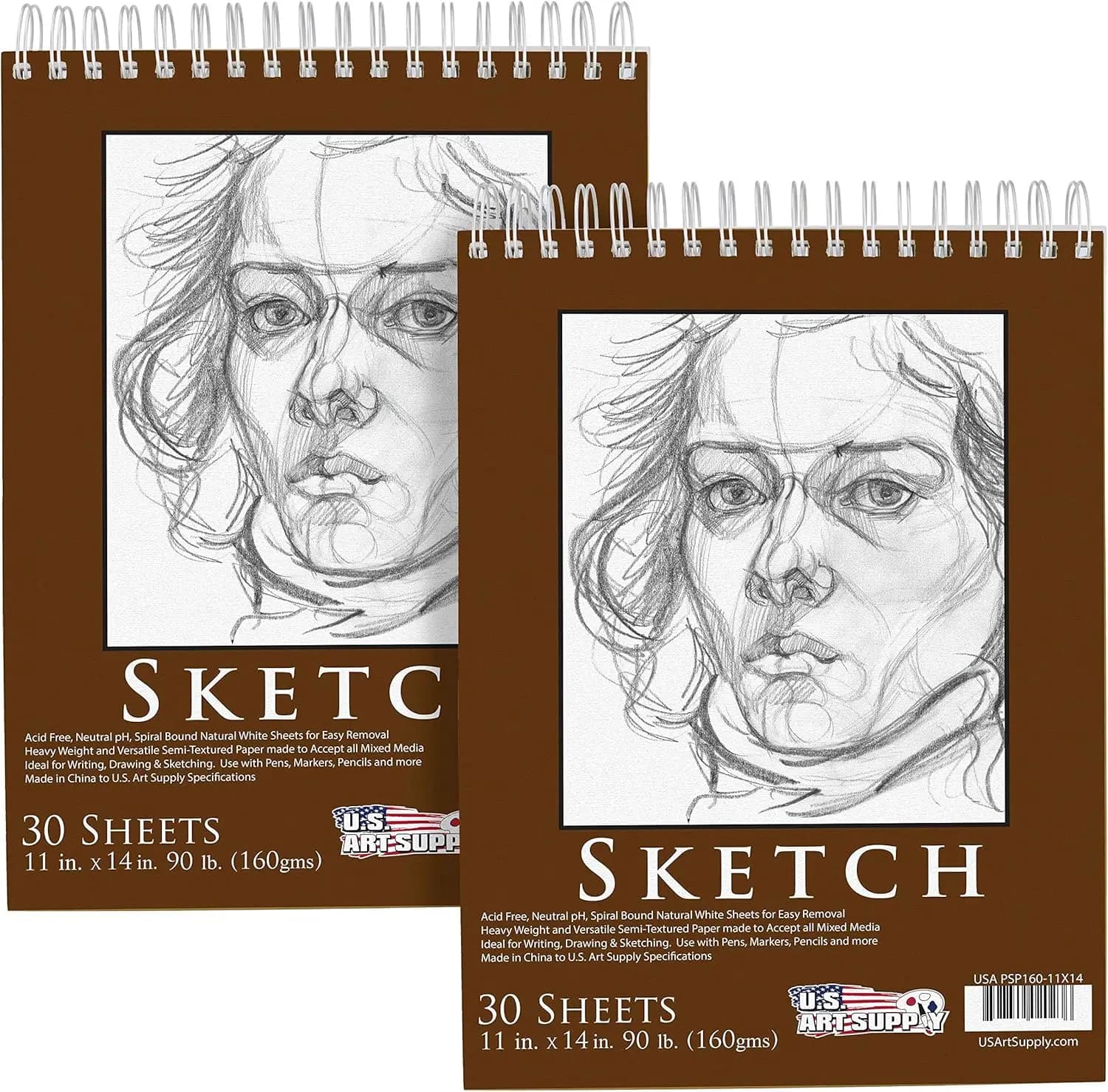 11x14 Spiral Bound Sketch Book with 90lb Paper for Drawing and Sketching, 30 Sheets per Pad (2 Pack)