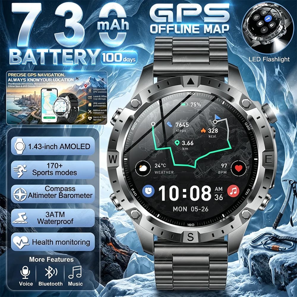 NUOVO Smartwatch GPS con Mappe Offline, Display AMOLED da 1.43 Pollici, Bussola Integrata, Altimetro Barometrico, Torcia, Chiamate Vocali, Impermeabile 3ATM