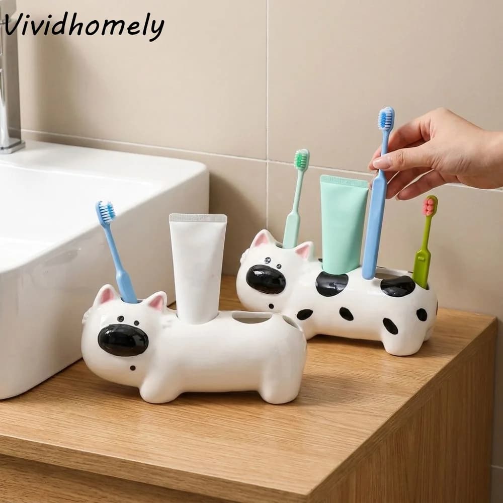 Ceramic Dog Shaped Toothbrush Holder Waterproof 4 Slots Toothpaste Toothbrush Base Funny Non Slip Electric Toothbrush Holder