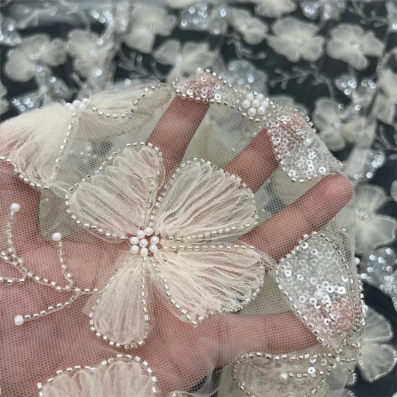 125cm Sparkling apricot flower bead embroidery sequin plate embroidery mesh lace wedding fabric X801