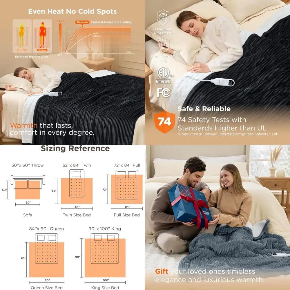 Coperta elettrica a grandezza naturale - 6 livelli di calore, 10 opzioni timer, spegnimento automatico 8 ore, morbida flanella per nonna (72x84, nero)
