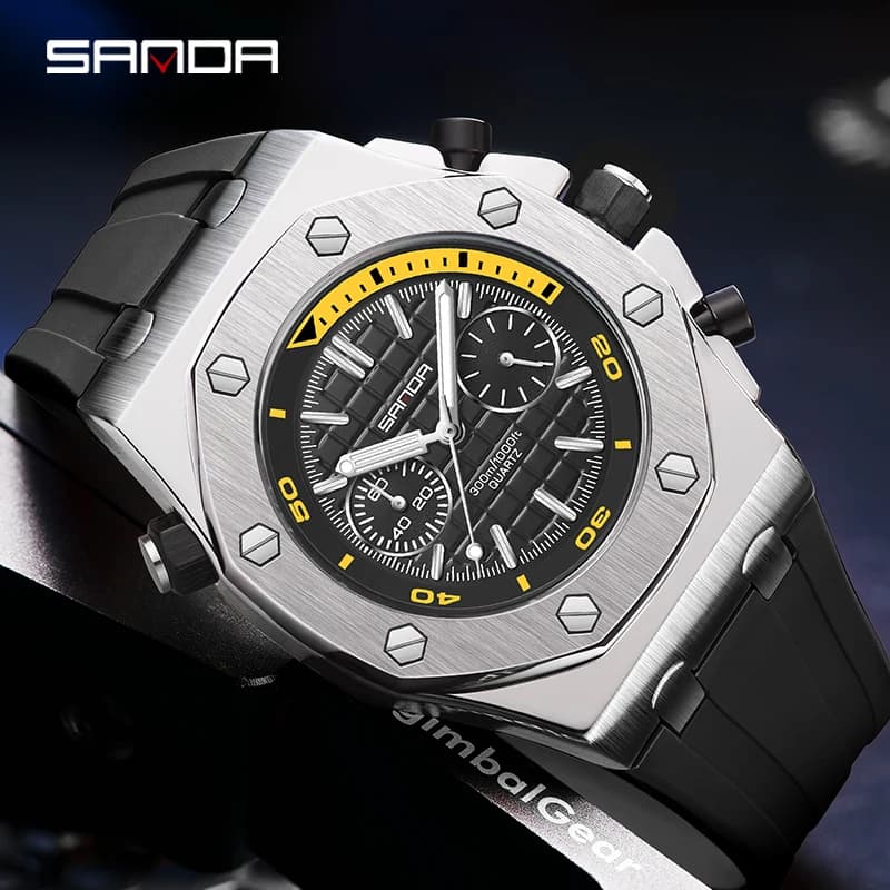 Royal Fashion Casual Men orologi quadrante grande orologio da polso al quarzo in Silicone nero classico Top Brand SANDA orologio maschile 7027