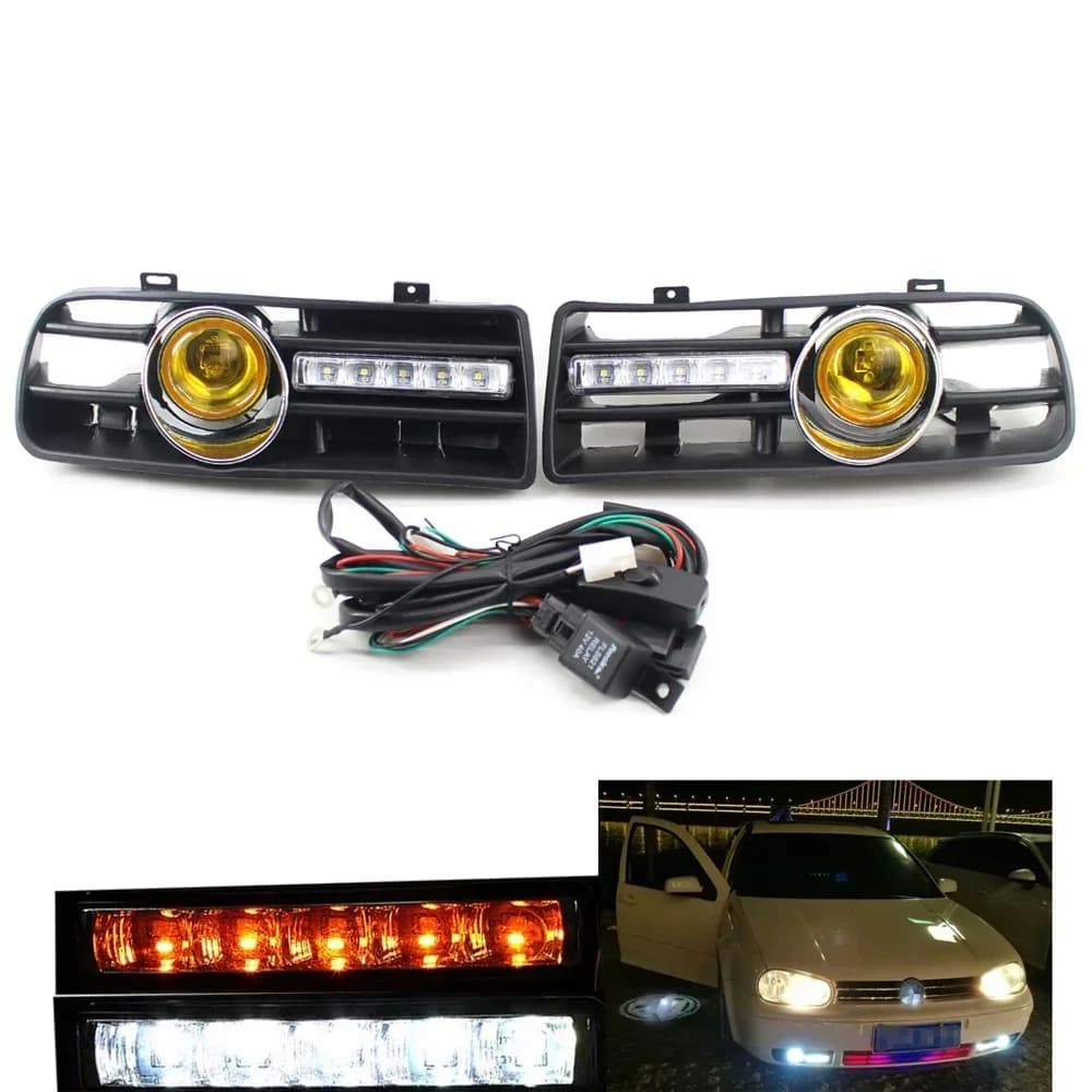 1 Pair of Auto bumper Front Sports Lights Grill Rene March Lights For VW GOLF MK4 1997-2006 With LED DRL Fendinebbia Accessories