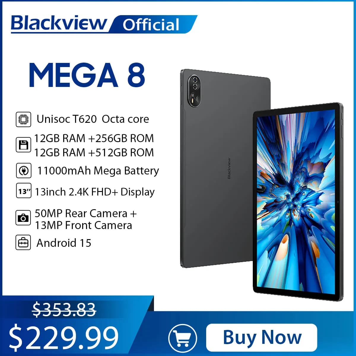 Blackview MEGA 8 Tablet Display FHD+ da 13 pollici Unisoc T620, 12 GB + 24 GB RAM 512 GB ROM 11000 mAh Batteria 50 MP Android 15 4G Tablet PC