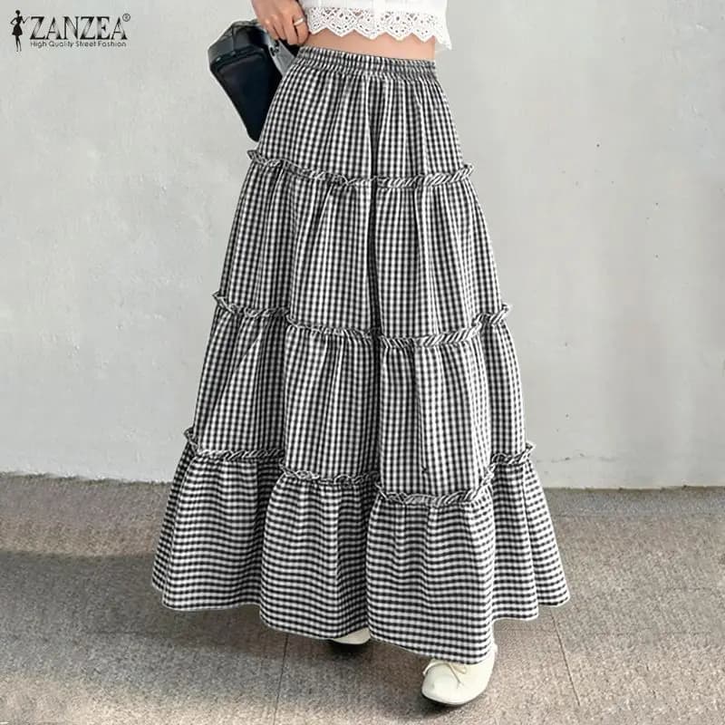 ZANZEA Gonne lunghe a quadri da donna eleganti, estive, con elastico in vita, casual, a trapezio, per vacanze, con volant, per il lavoro