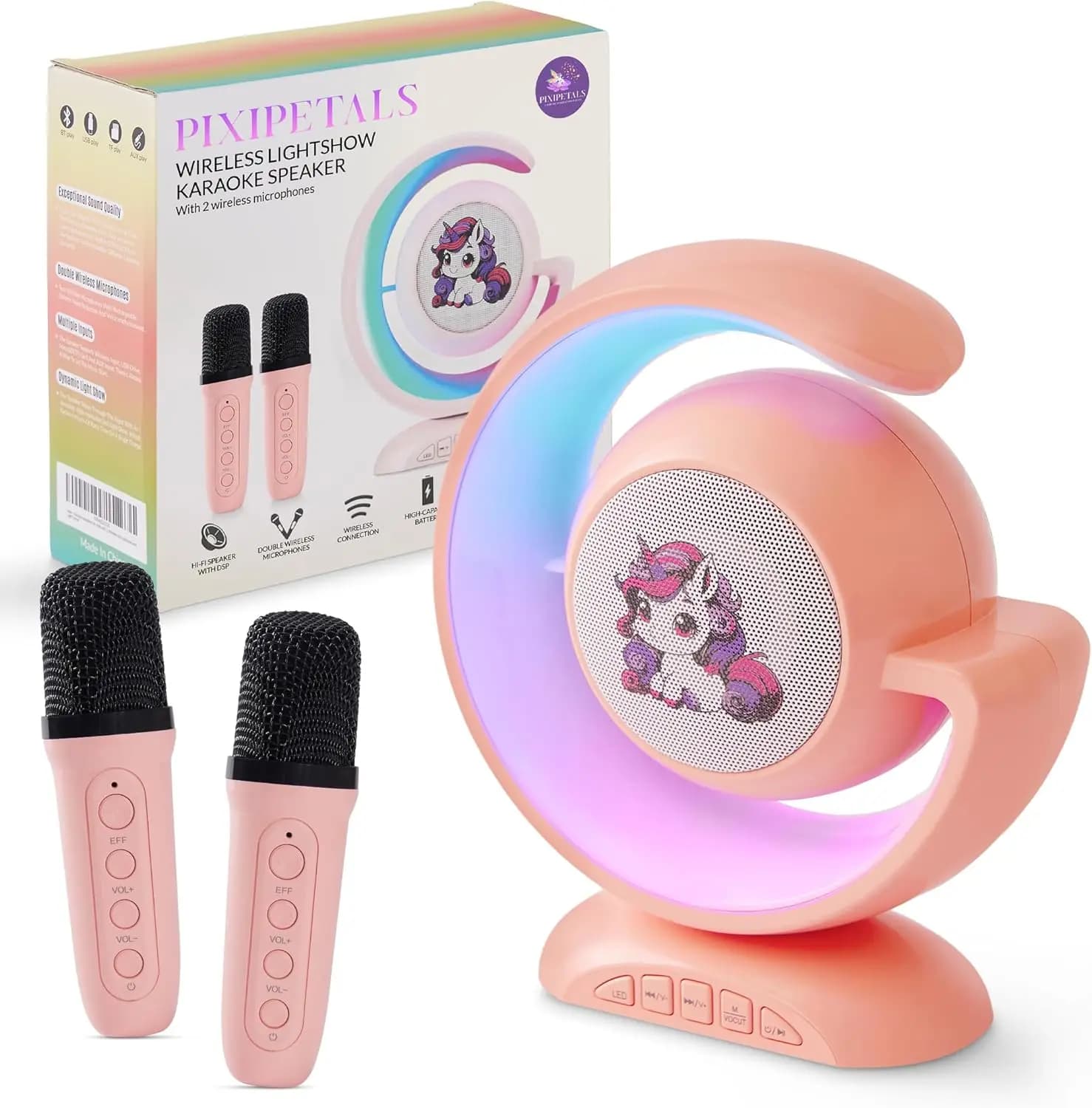 Macchina Karaoke Portatile per Bambini con Microfoni Wireless e Luci da Festa - Design Unicorno Rosa, Regalo Ideale per Ragazze dai 5 ai 12 Anni
