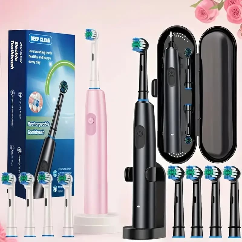 Rotating electric toothbrush for adults with 4/8 pcs deep cleaning 2-minute timer rechargeable