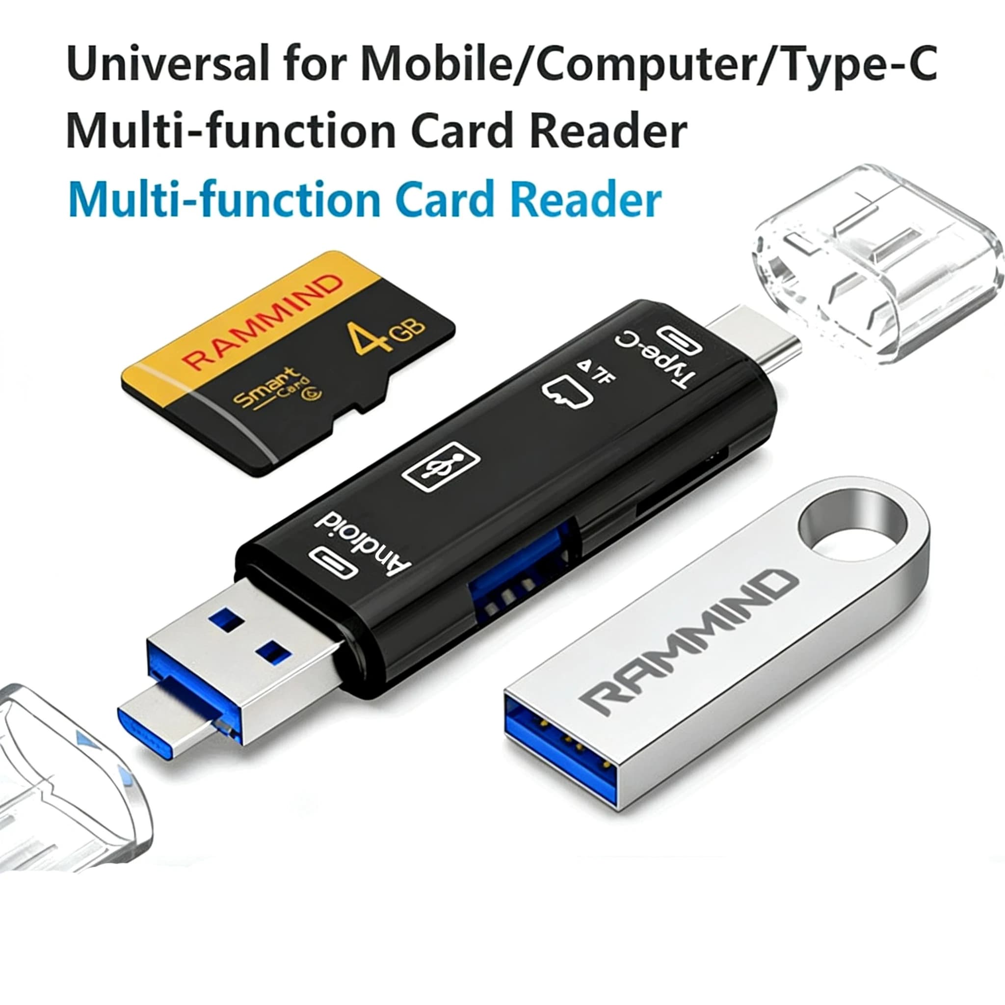 Lettore di Schede di Memoria 5 in 1 OTG Multifunzione USB Tipo C, USB Micro, SD, TF per Android, Computer, Adattatore per Telefono, Laptop