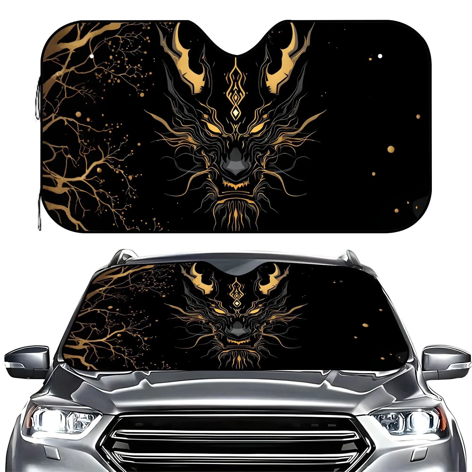 Parasole in Stile Cartone Animato con Design di Drago Malvagio Scuro, Protezione UV per Parabrezza