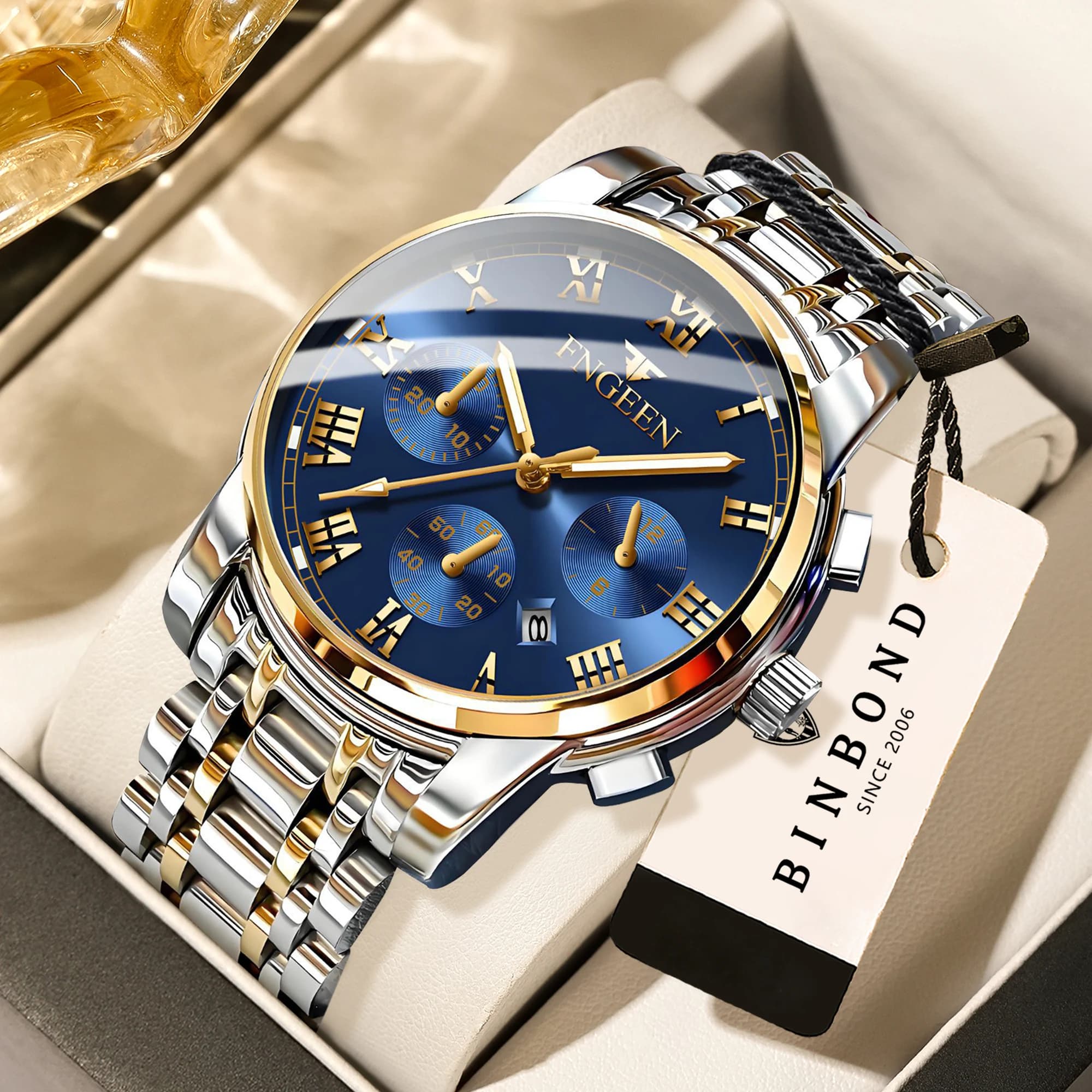 Orologio da uomo BINBOND di lusso, al quarzo, impermeabile, luminoso, con data, cronografo, cronometro, orologio sportivo casual alla moda.