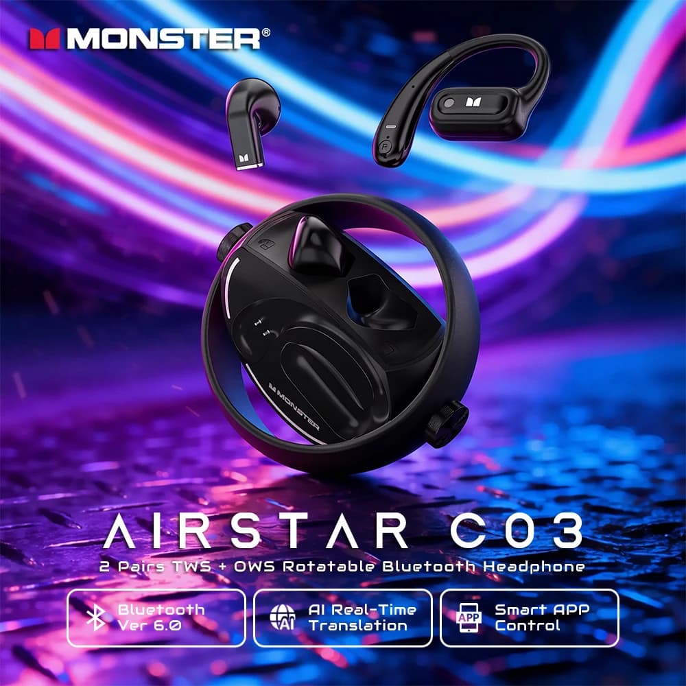 Monster 2 Paia di Auricolari Wireless Bluetooth 6.0 AIRSTAR C03 OWS+TWS con Traduzione AI in Tempo Reale e App