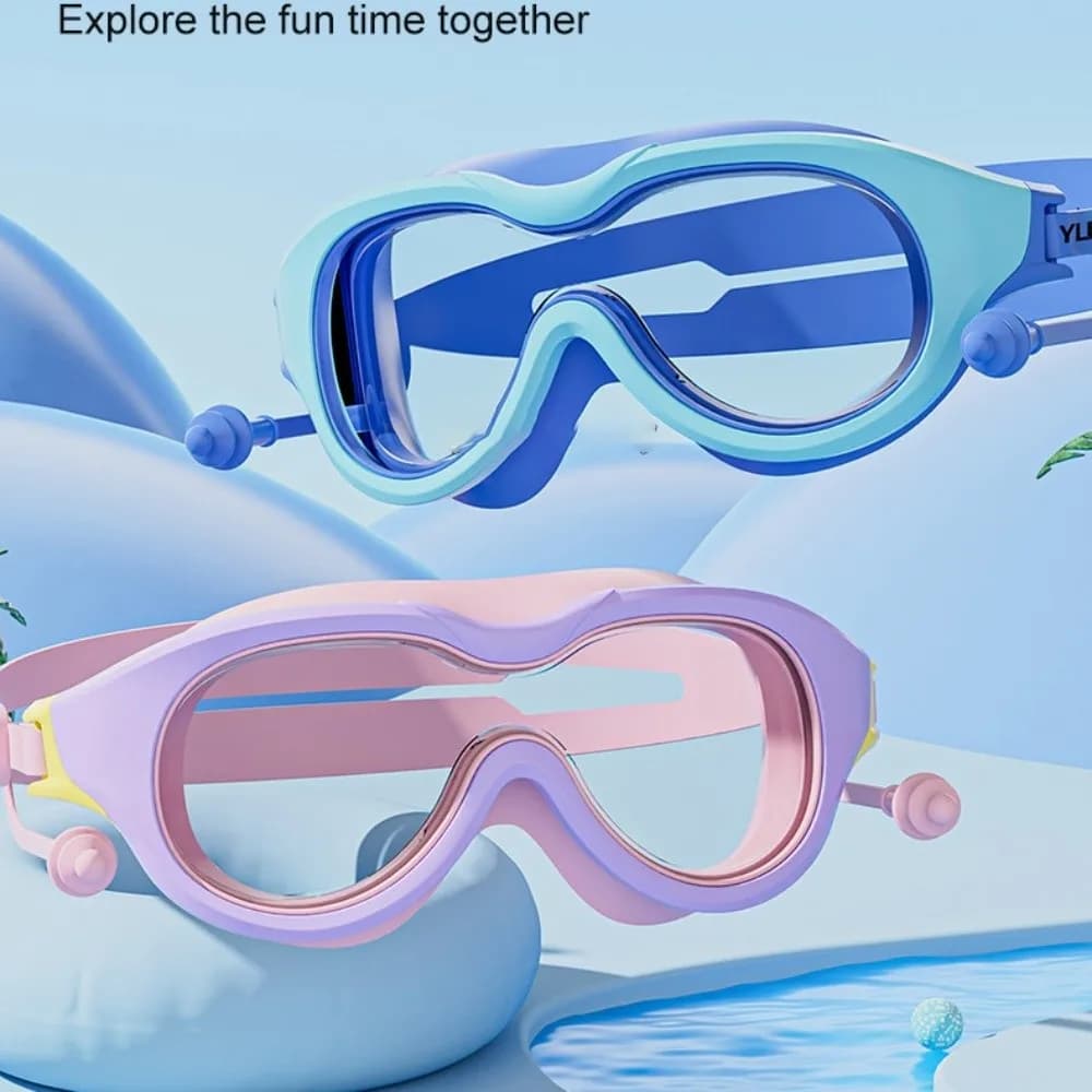 Large Frame Kids Swim Goggles with Ear Plug PC Glass Swimming Goggles Vibrant Colors Anti Fog Diving Goggles Set Boys and Girls