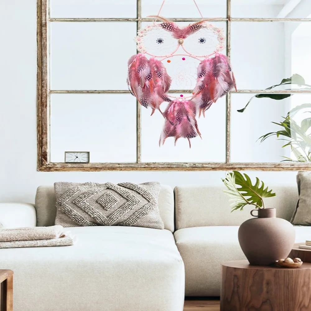 Iron Owl Dreamcatcher Owl 22.05*8.66in Handmade Owl Decor Pink Flower Accent Wall Hanging Ornament Living Area
