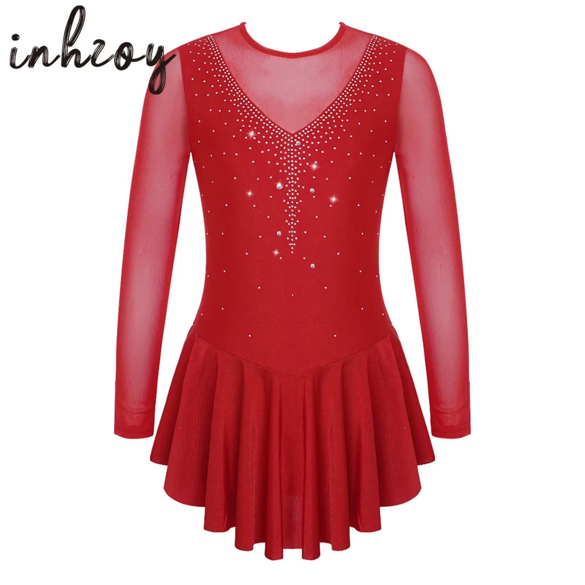 Vestito da pattinaggio di figura per ragazza per bambini Manica lunga Foro per chiave sul retro Balletto Ginnastica Body Strass Abiti da ballo per sala da ballo