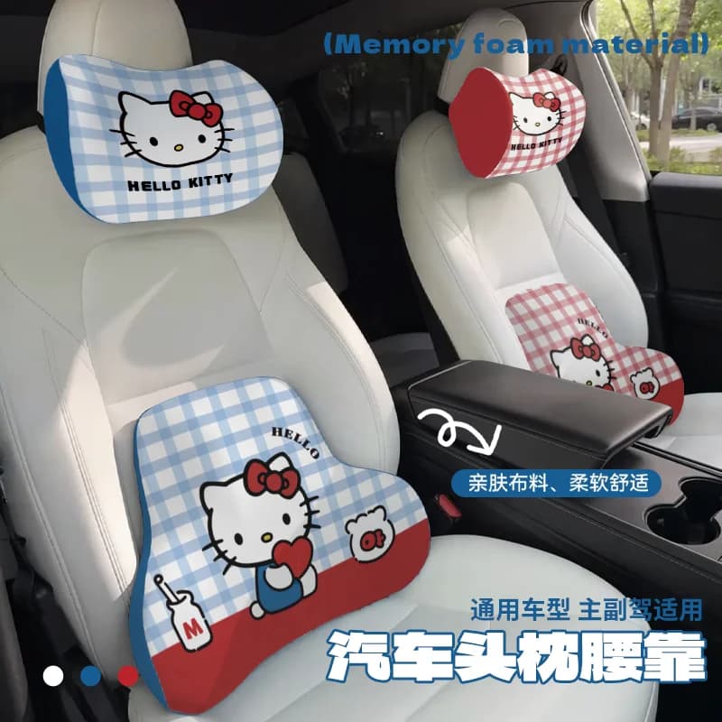 Hello Kitty Car Headrest Pillow Winter Warm Plush Doll Neck & Lumbar Support Cushion Adjustable Car Seat Pillow Seat Belt Cover