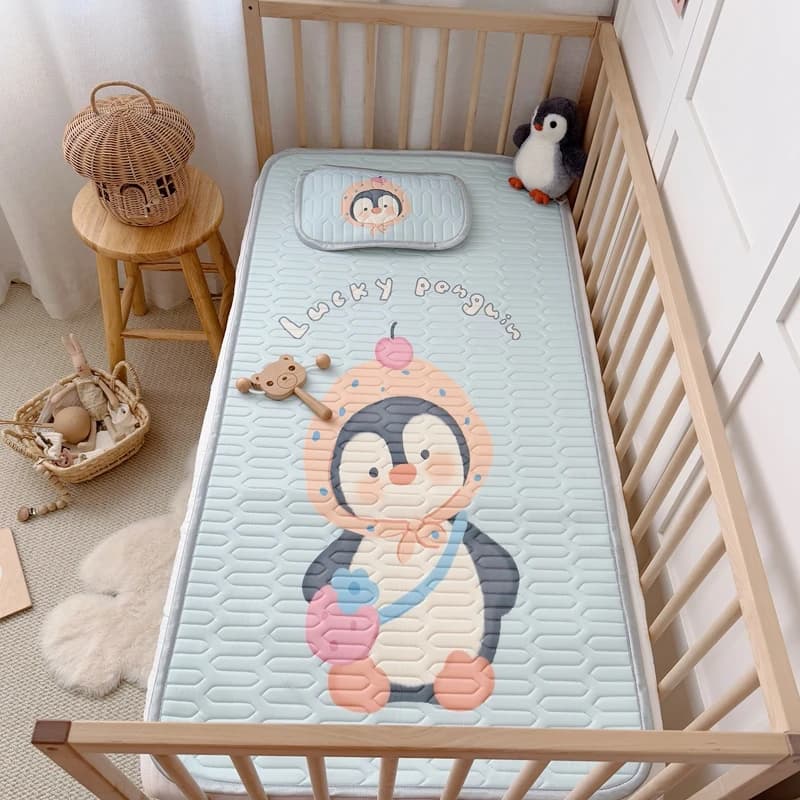 2pcs Cooling Viscose Fiber Latex Mat Set,Summer Bed Sheet Pad with Pillow,Cartoon Penguin Foldable Boy Girl Baby 60*120cm Sheet