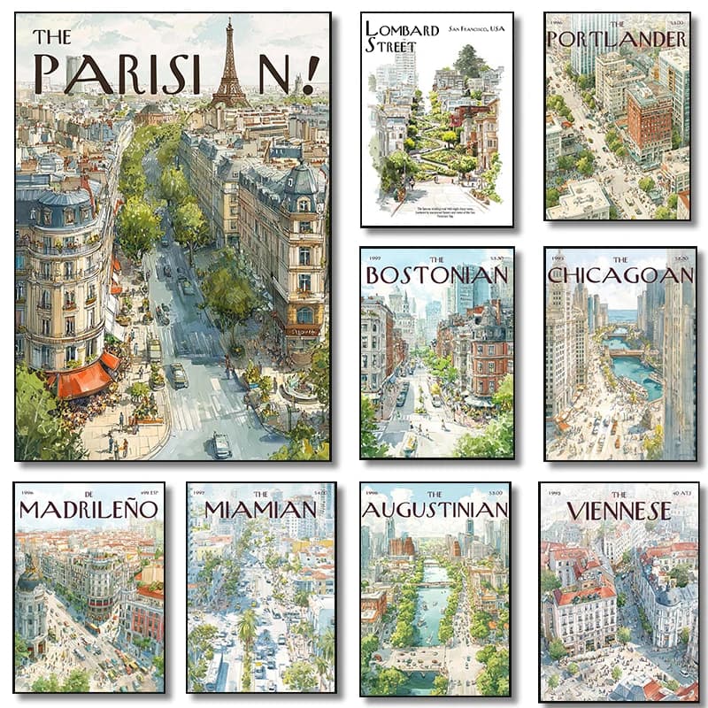 Downtown Skyline Travel Poster London Madrid Architecture Cityscape Modern Prints Canvas Wall Art Picture Home Living Room De