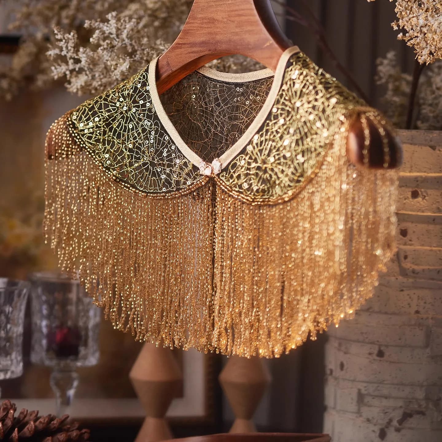 Women's Spring Summer Vintage Gold Lace Tassel Pashmina Female Chinese Style Show Cosplay Party Shawl Cloak Collar R3015