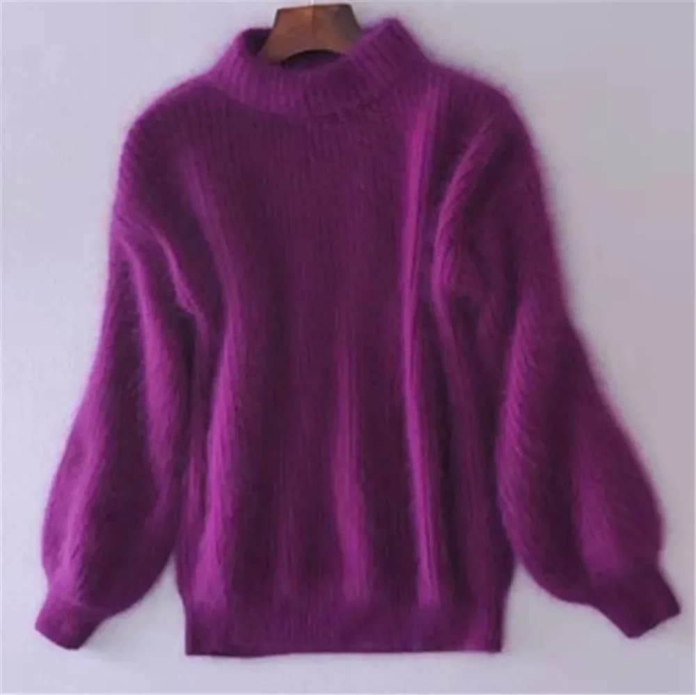 Autunno Inverno Dolce Moda Manica Lanterna Casual Tinta Unita Pullover pull femme 2025 Mohair Bianco Addensare Maglione A Collo Alto