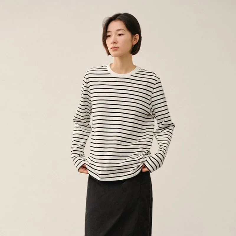 Women Crew Neck Striped Long Sleeve T Shirt Cotton Loose Slim Versatile Casual Inner Top For Autumn Winter