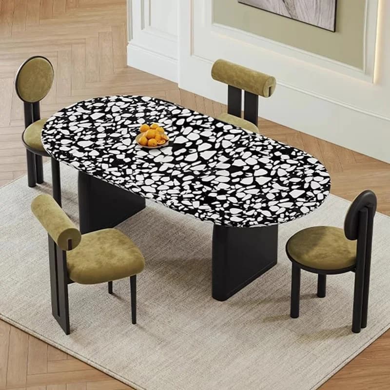 Elegante Tavolo da Pranzo Ovale in Marmo, Moderno Tavolo per Sala da Pranzo, Resistente Tavolo in Pietra per Ristorante e Cucina con Gambe in Legno