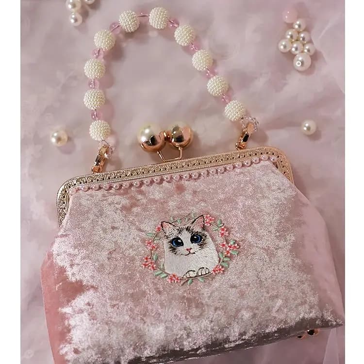 Lost in Vinatge Tessuto di velluto rosa carino Borse per gatti Borsa a tracolla Catene di perle Borsa con manico Plus Frizione Borsa con chiusura a bacio Pochette