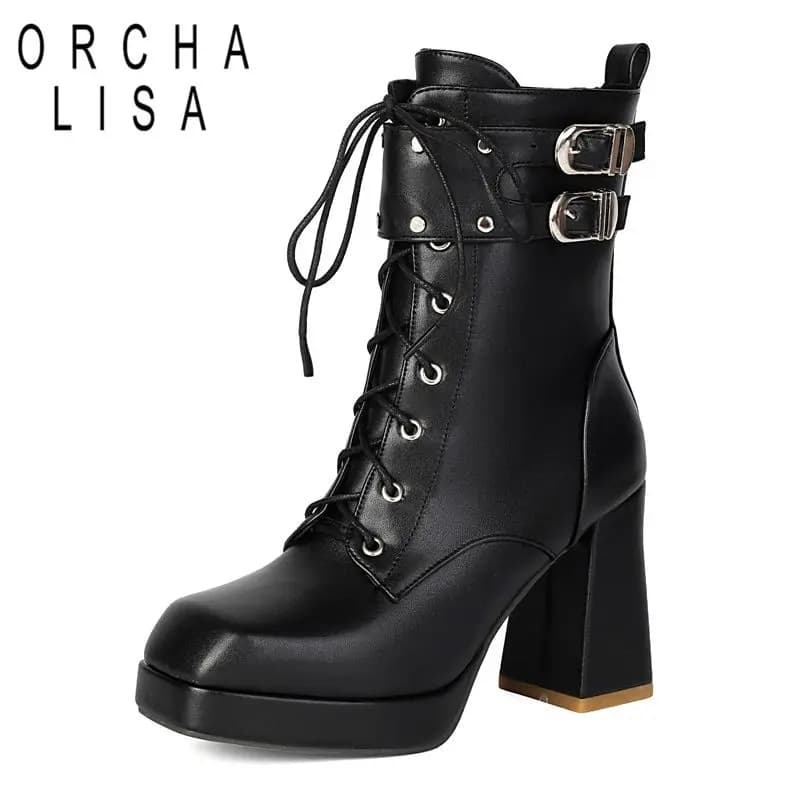 ORCHA LISA 2025 Shiny Female Mid Calf Boots Square Toe Block Heels 9.5cm Platform 1.8cm Big Size 45 46 47 Zipper Lace Up Booties