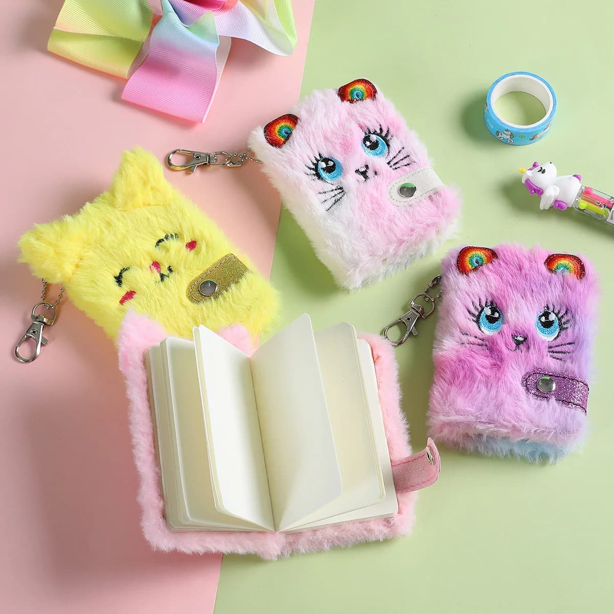 Kawaii Notebook For Girls Stationery Gift Small Plush Journal Diary Notepad Blank Inner Papers Sketchbook With Keychain Protable