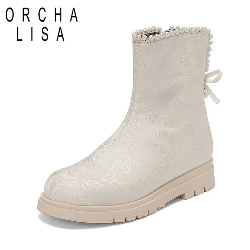 ORCHA LISA Hot White Women Mid Calf Boots Round Toe 2.5cm Low Heels Zipper Bowknot Beads Large Size 42 43 Flower Women Winter