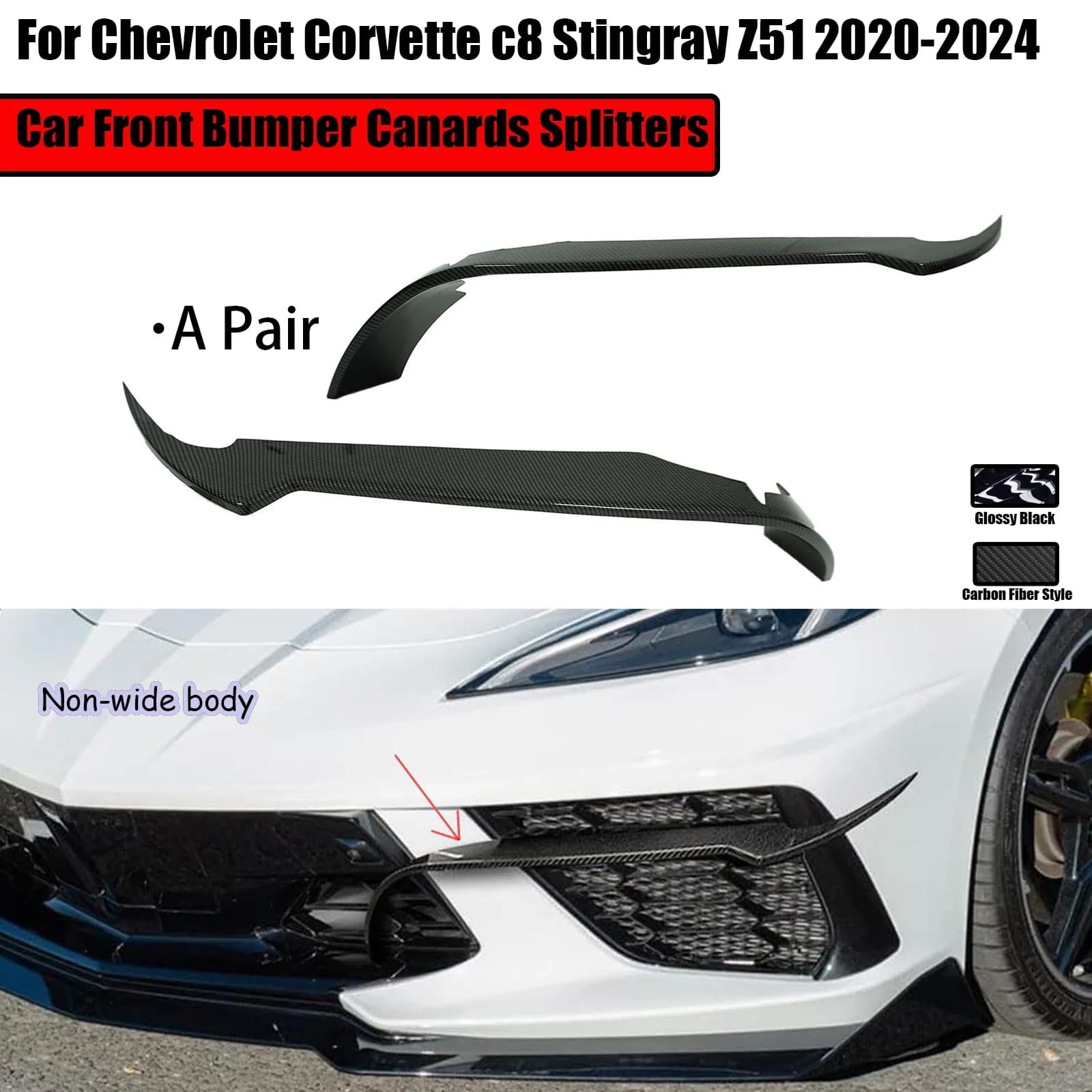Per Chevrolet Corvette c8 Stingray Z51 2020-2024 Una Coppia Auto Paraurti Anteriore Canard Splitter Spoiler Diffusore Stile In Fibra di Carbonio