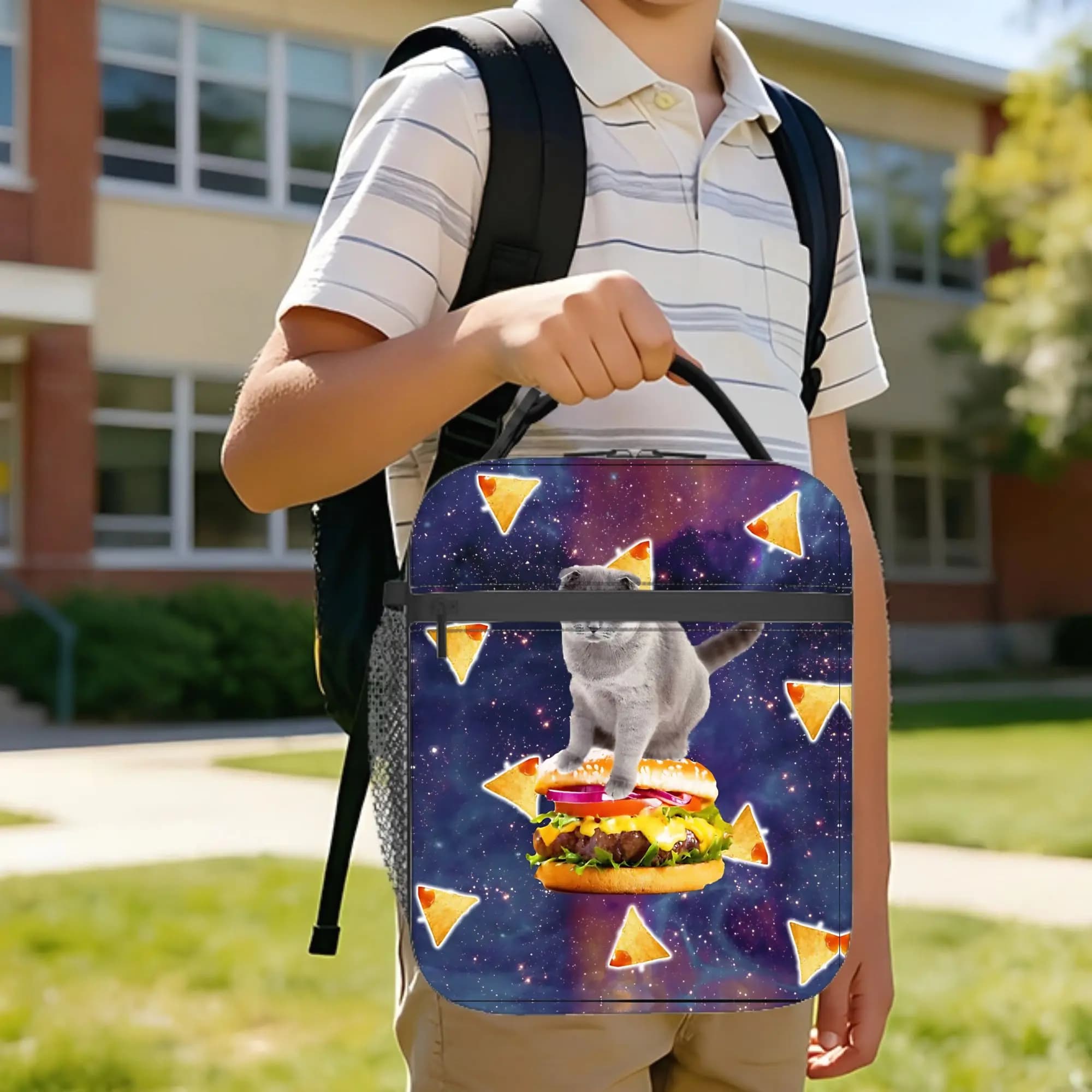 Borse termiche per il pranzo, borsa termica riutilizzabile, contenitore per il pranzo, Hamburger Space Cat, borsa grande per il pranzo, borse per alimenti