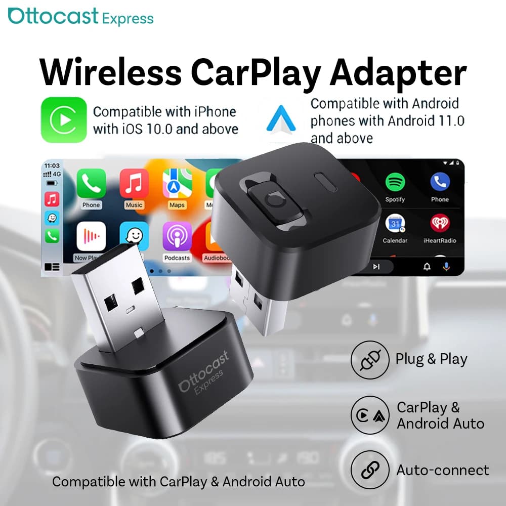 Wireless OTTOCAST Mini Dot Adapter for CarPlay and Android Auto 2 in 1, USB Dongle Plug & Play, Bluetooth 5.0, Automatic connection for VW Audi Benz