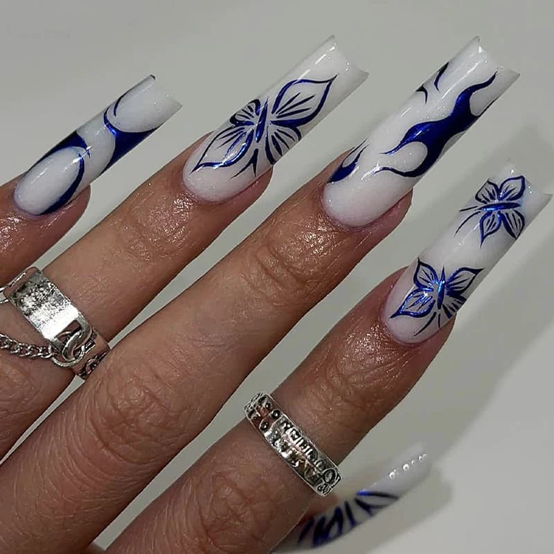 24PCS Blue Style Press on Nail Fake Nail French Printed Long square Fake Nail Milk White Wearable Nail Nail Tip Art Reusable Set